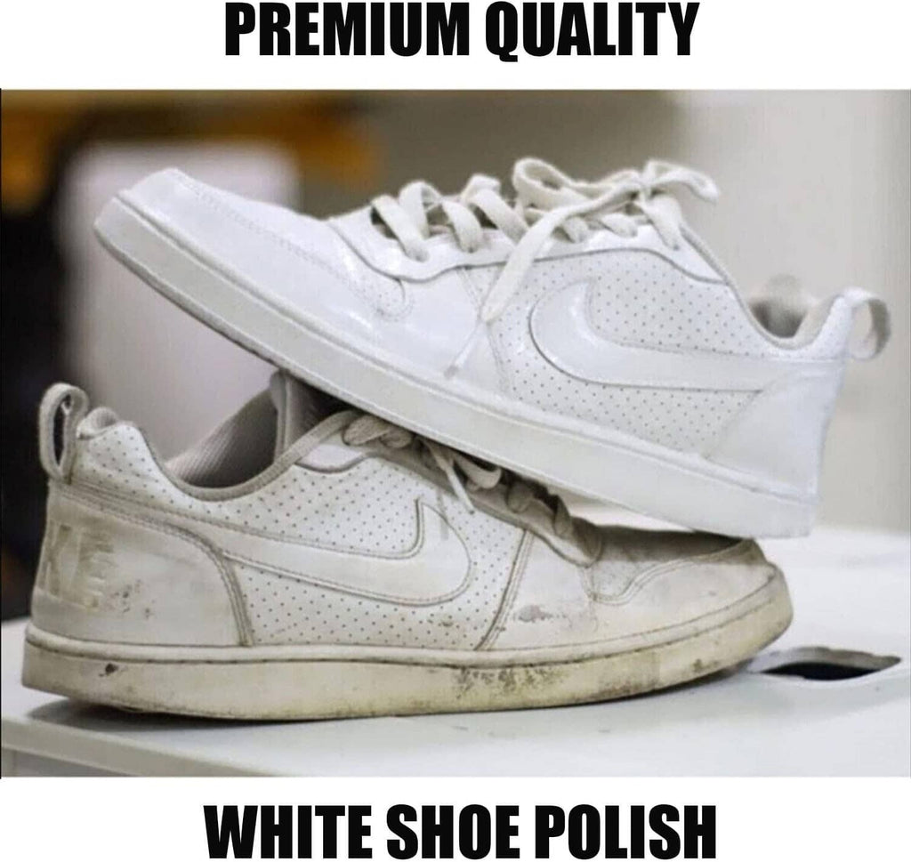 Close-up of white shoe polish bottle with white sneakers underneath