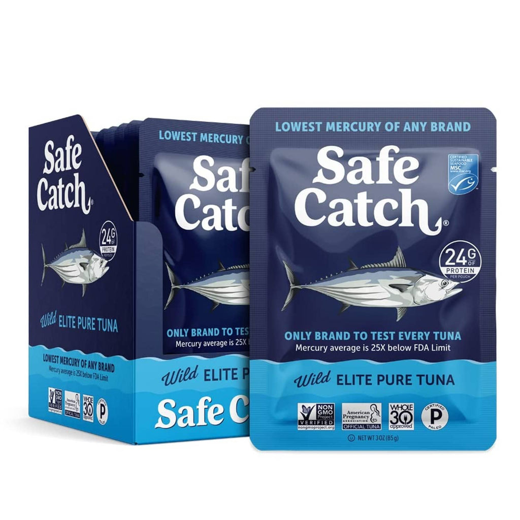 Safe Catch Wild Elite Pure Tuna pouch, dark blue with tuna illustration