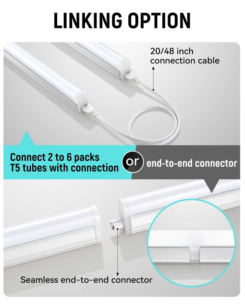 White T5 end-to-end connector with 20/48 inch connection cable for linking tubes
