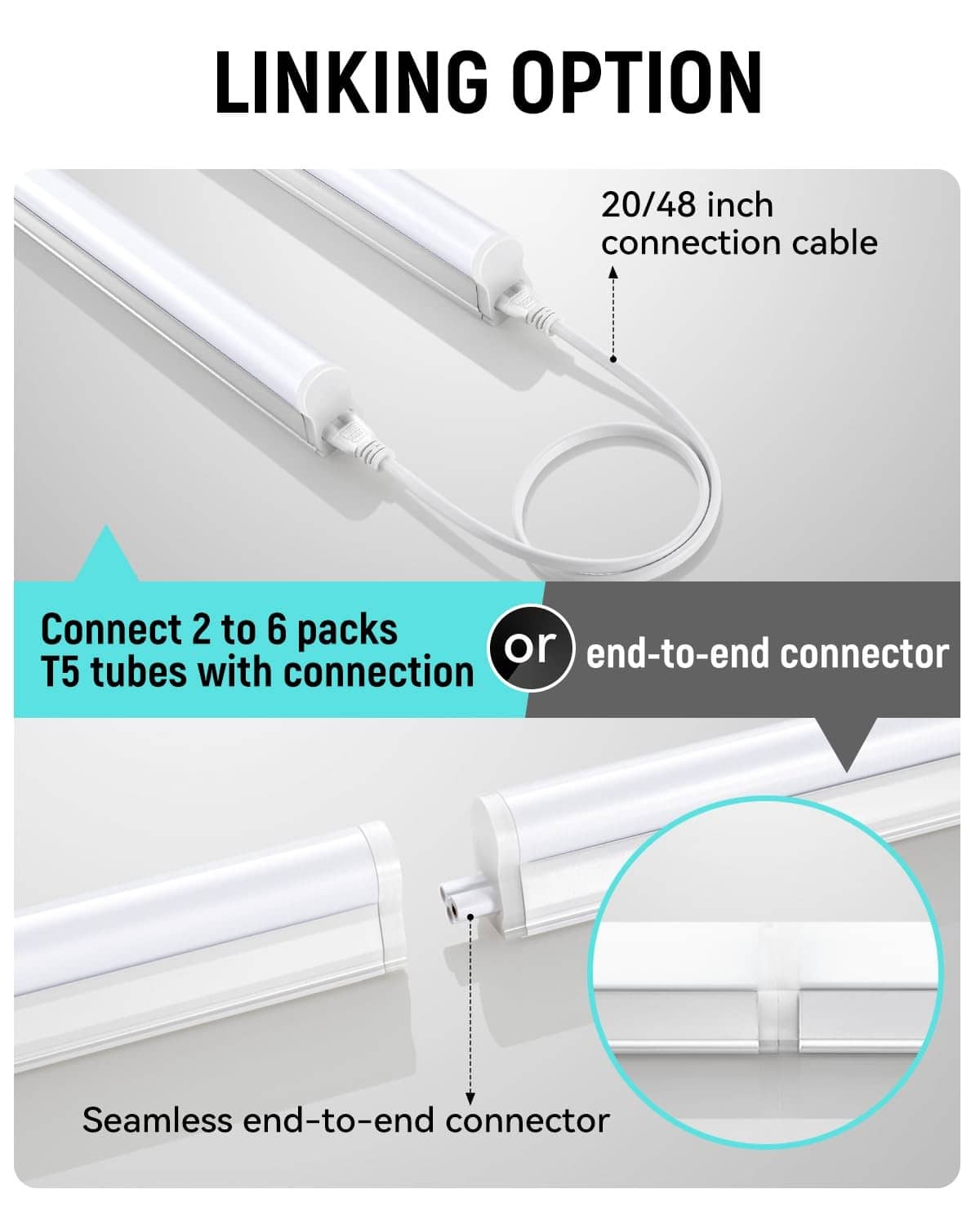 White T5 end-to-end connector with 20/48 inch connection cable for linking tubes