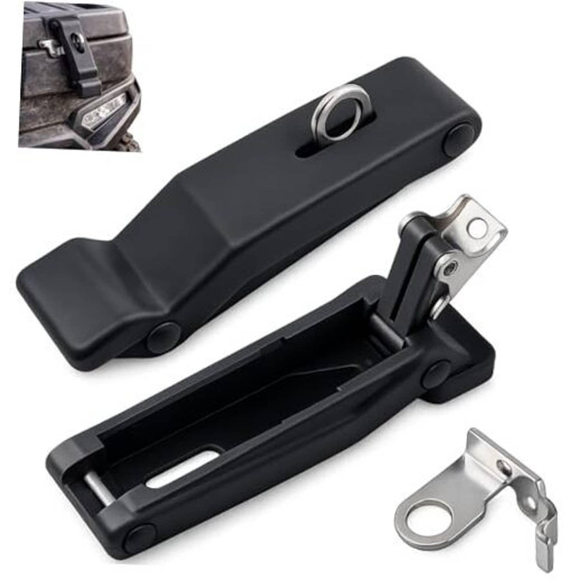 Front storage rack latch with black flexible handle and metal mounting bracket