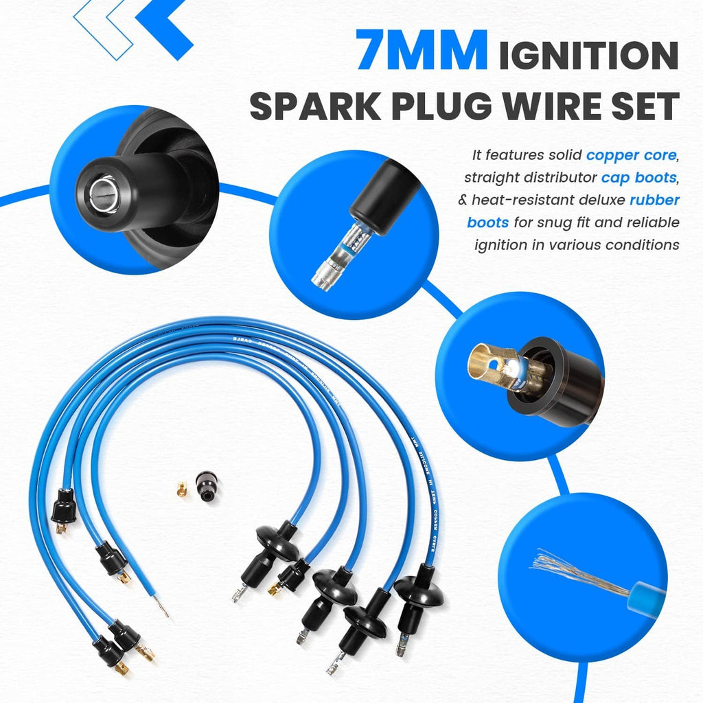 7mm ignition spark plug wire set featuring black cap boots and blue wires