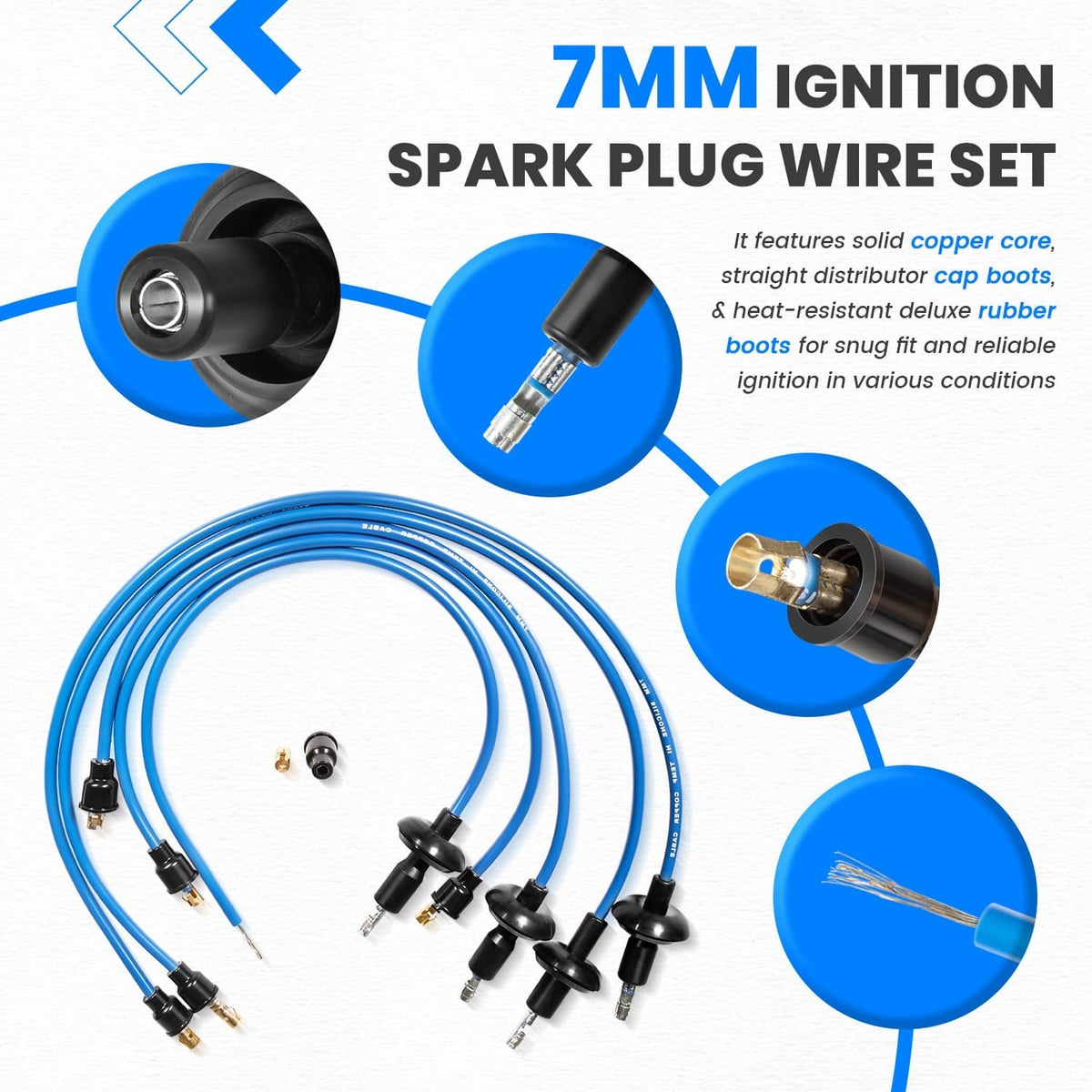 7mm ignition spark plug wire set featuring black cap boots and blue wires