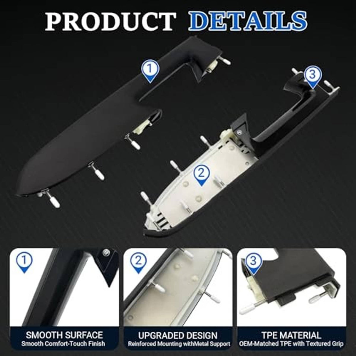 Armrest repair kit product details showing components and mounting bracket assembly