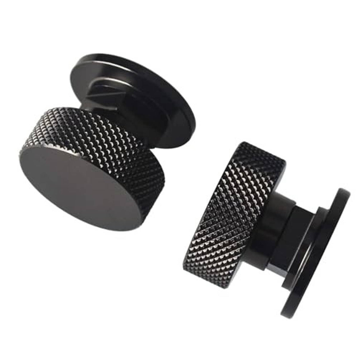 Black knurled welding helmet fastener, round cap with threaded stud and collar