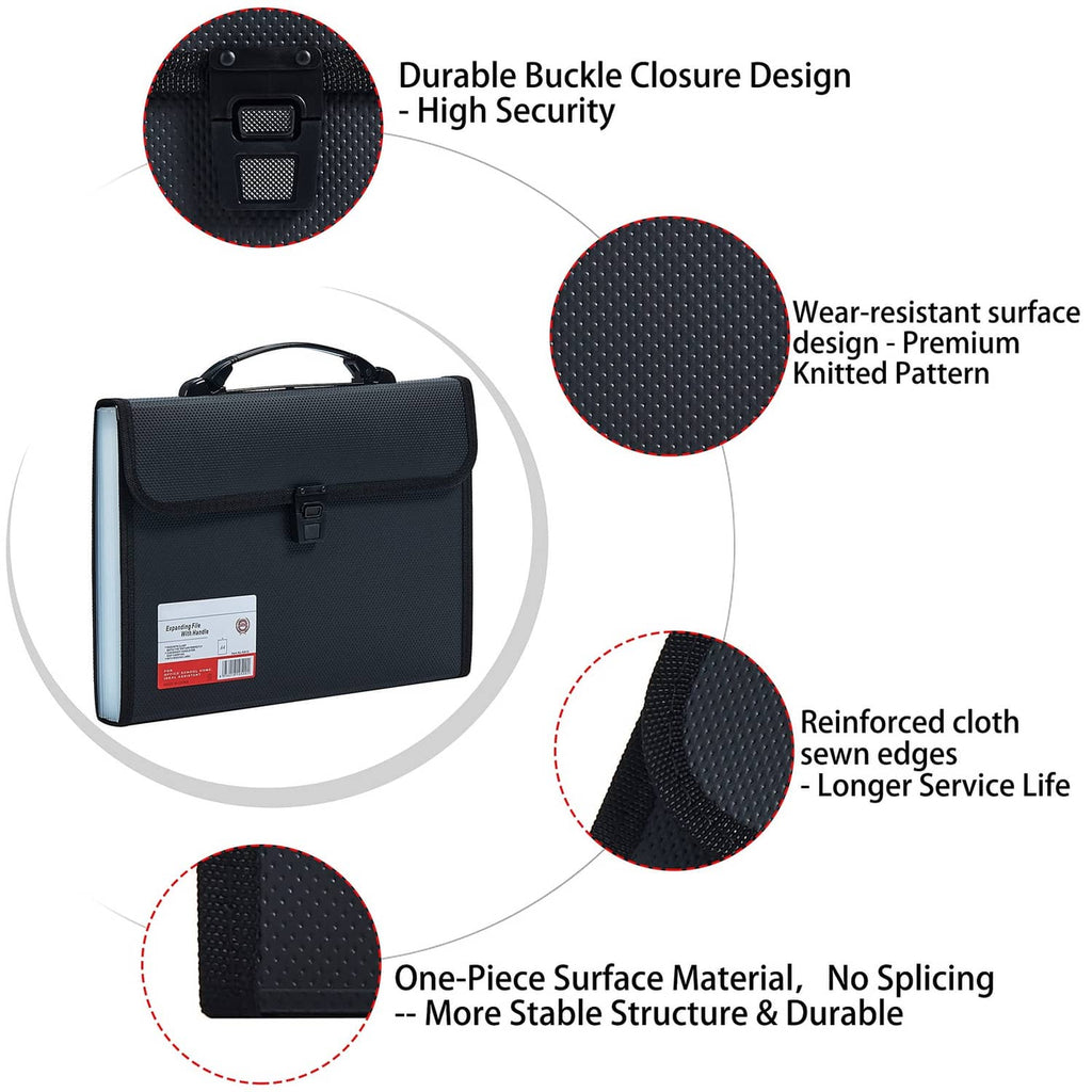 Black expandable file folder with top handle, buckle closure, and reinforced cloth edges