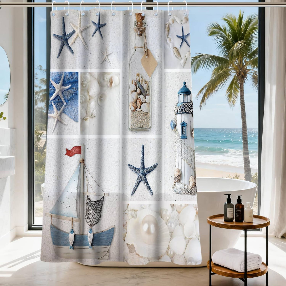 White beach shower curtain with blue starfish, seashells, lighthouse and net graphics