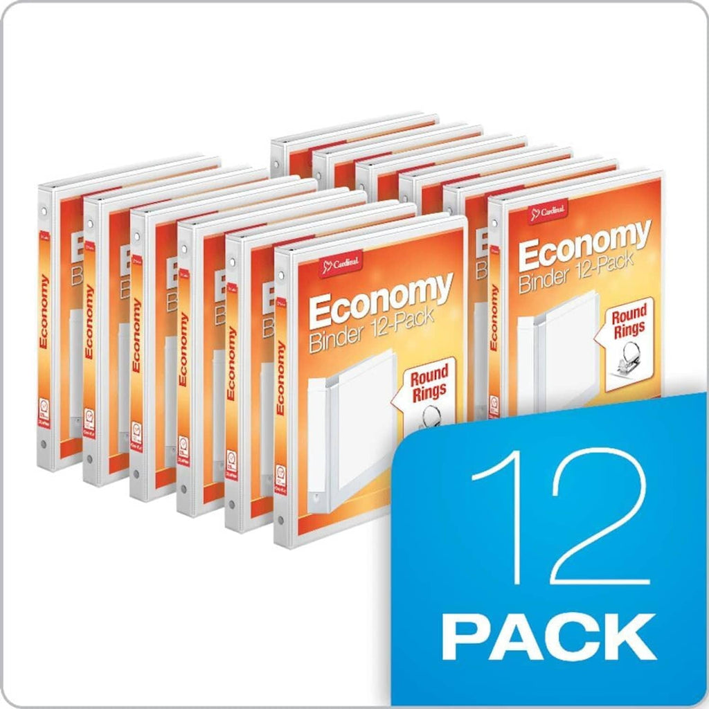 White 12-pack round-ring binders with blue '12 PACK' label
