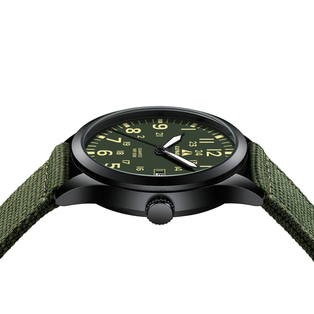 LN LENQIN men's watch close-up of crown and bezel over green nylon strap