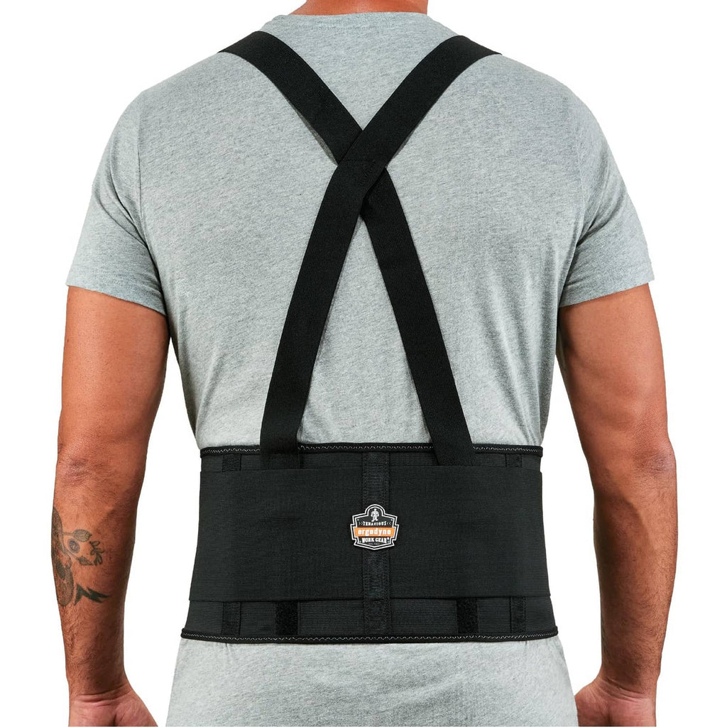 Black back support belt with wide lumbar band and X-back suspenders