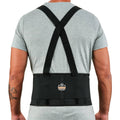 Black back support belt with wide lumbar band and X-back suspenders