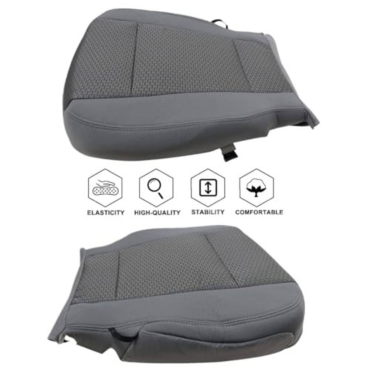 Gray cloth front driver seat bottom replacement cover with side cutouts