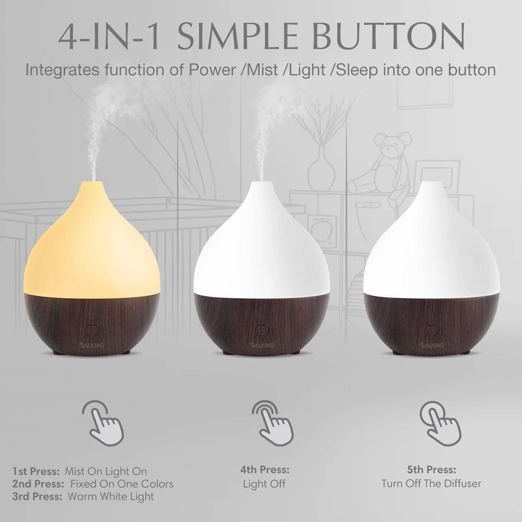 Ultrasonic essential oil diffuser trio showing yellow, white, and off-white LED lights