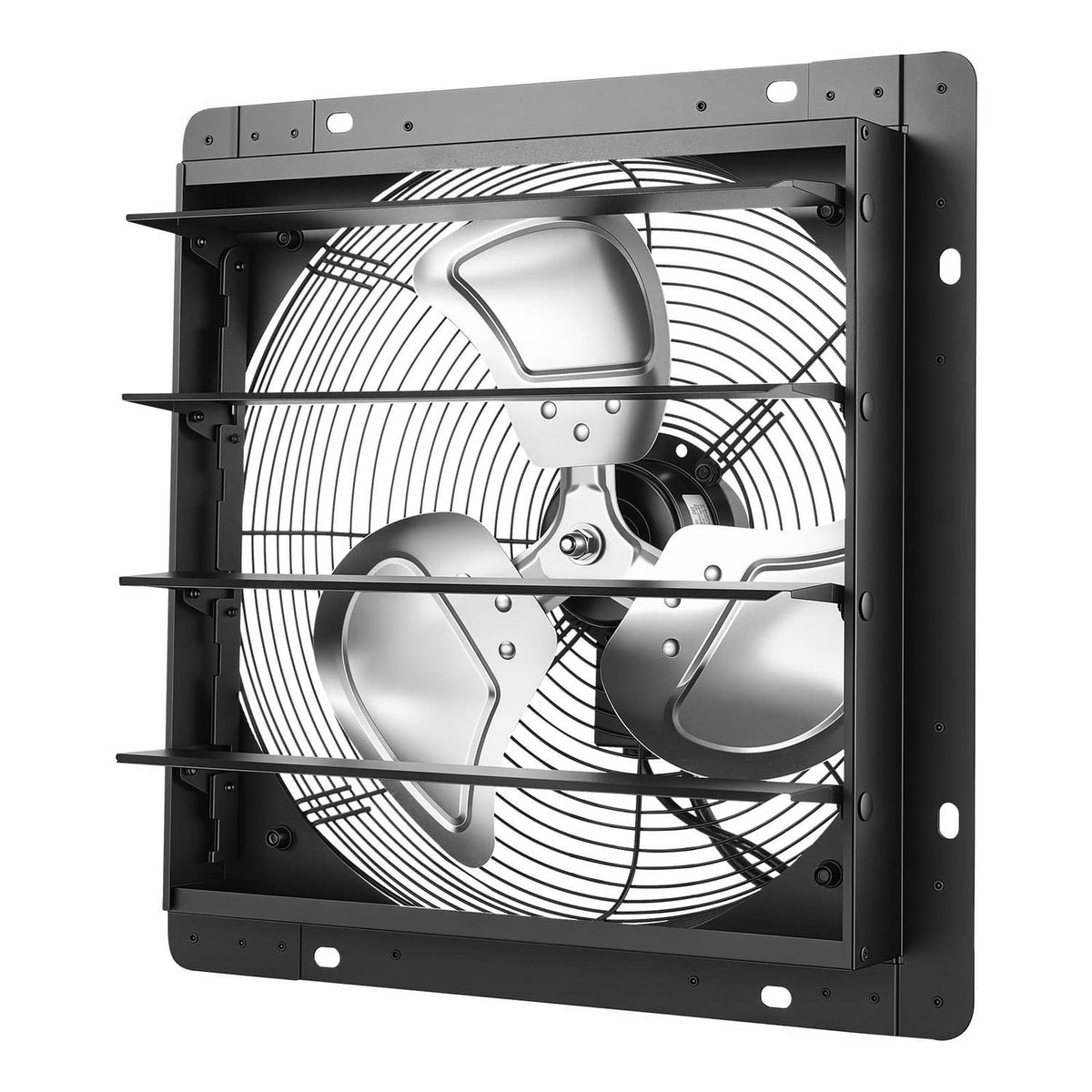 14-inch wall-mount exhaust fan with protective grille and multi-blade rotor