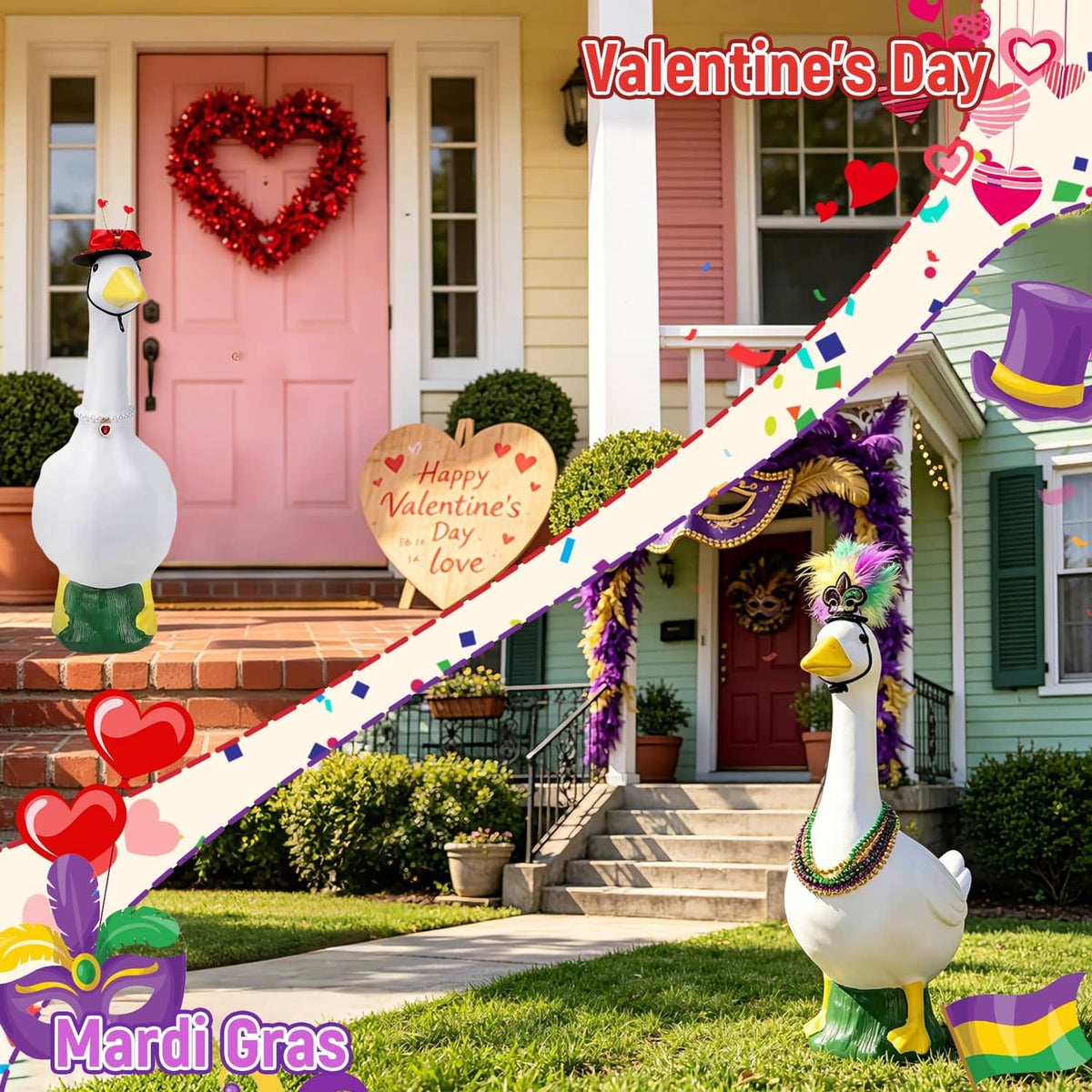 Decorative porch geese wearing festive outfits: red hat with bow and purple Mardi Gras hat