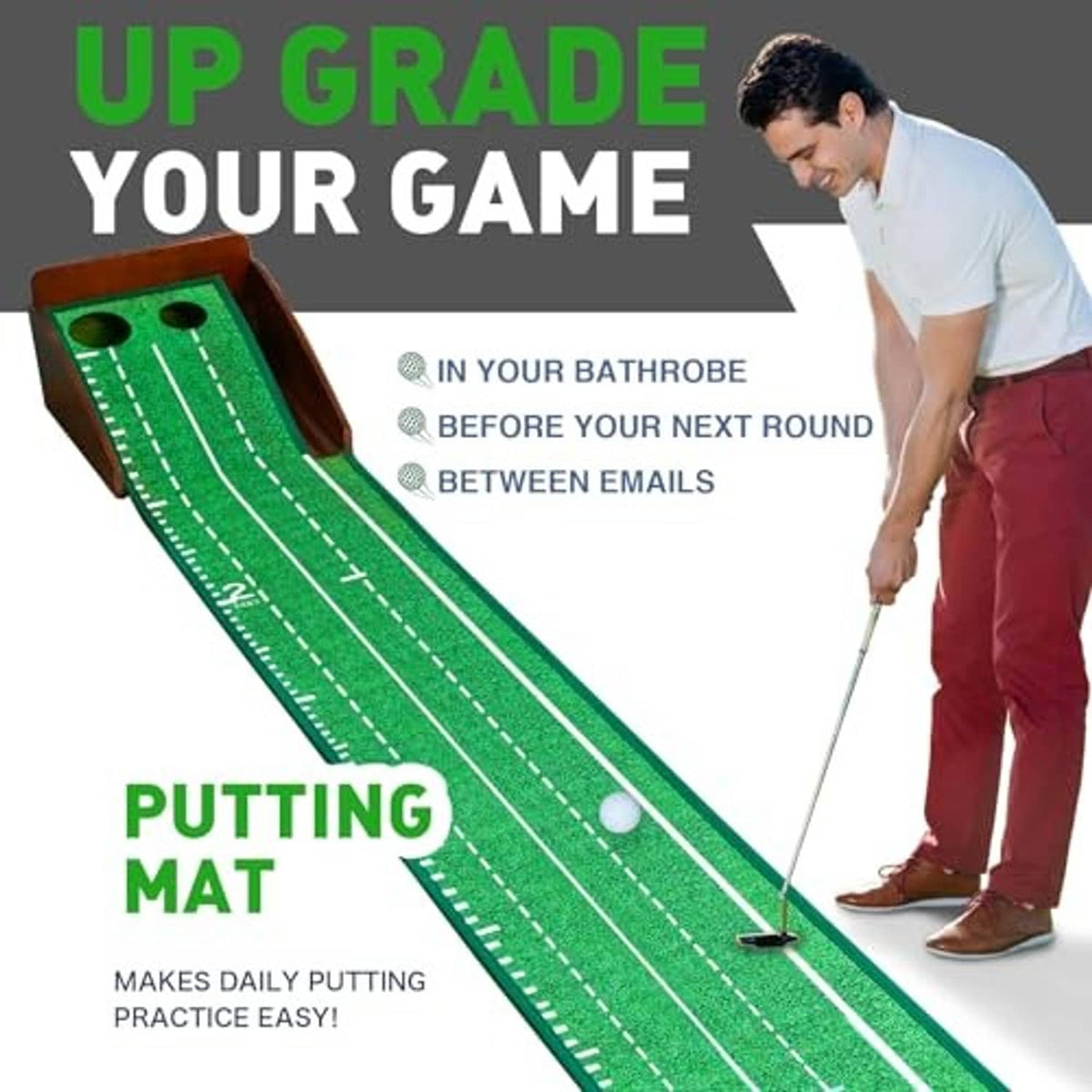 Indoor golf putting mat with green practice lanes and wooden base, set up for putting