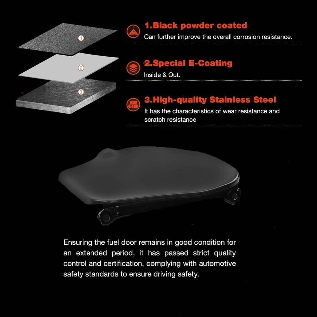 Black fuel filler lid cap with hinge hardware and smooth domed cover