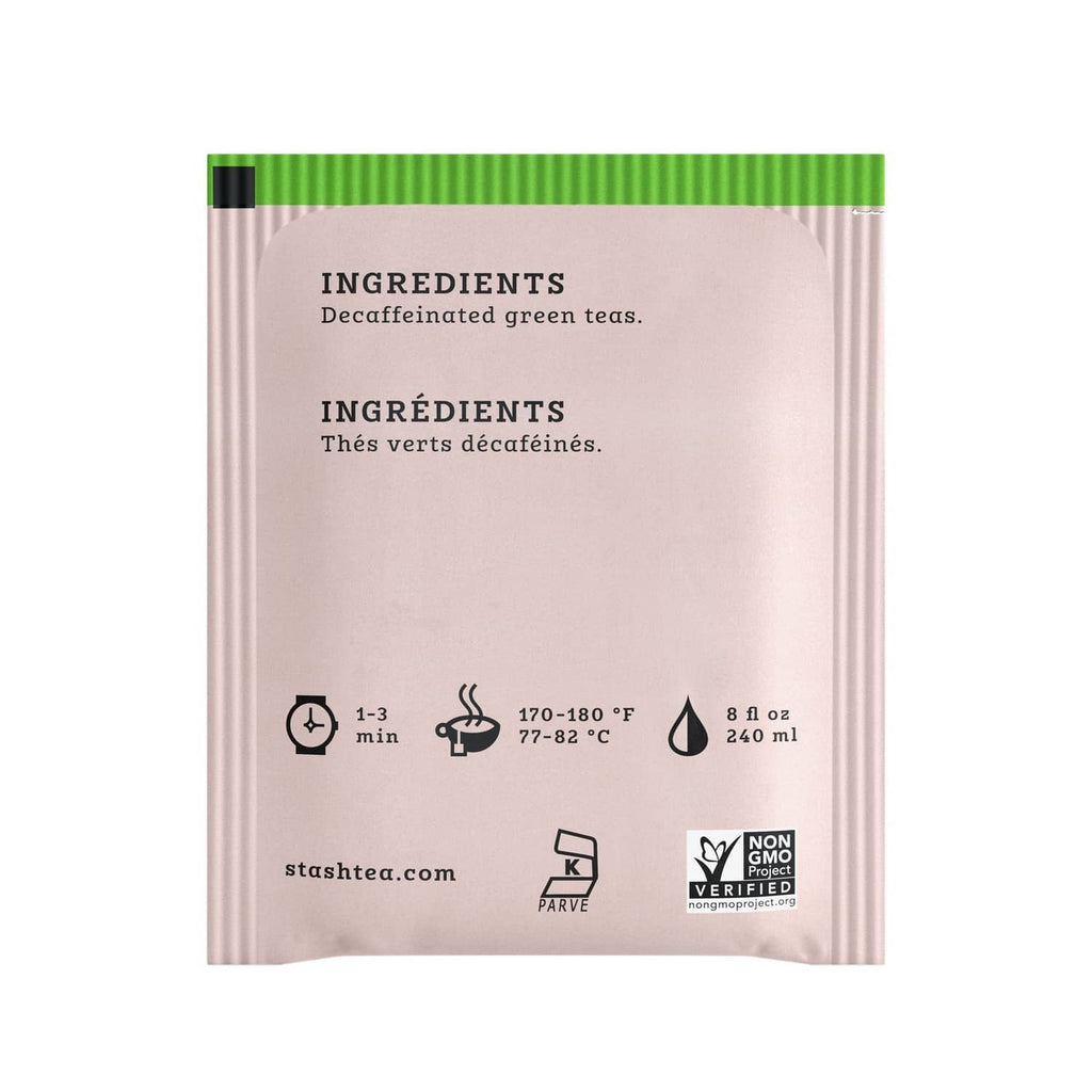 Stash Decaf Premium Green tea pouch back with ingredients and brewing directions