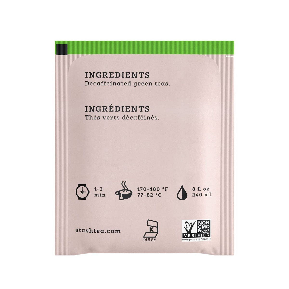 Stash Decaf Premium Green tea pouch back with ingredients and brewing directions