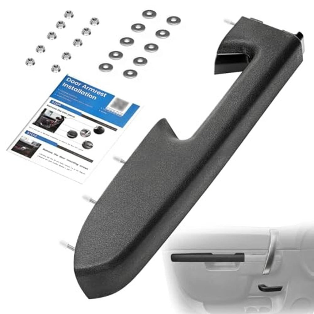 Black driver-side door armrest handle with included screws and instruction sheet