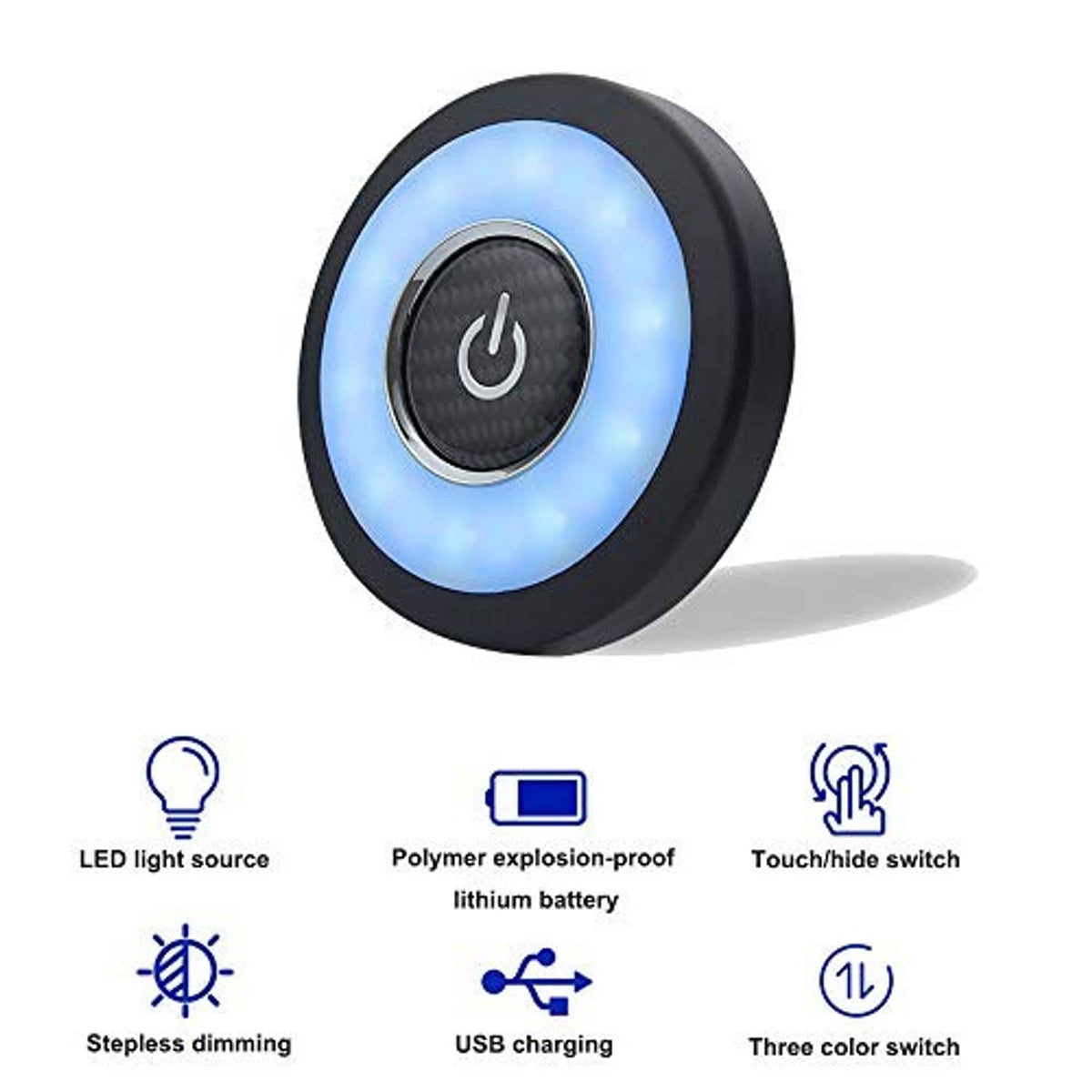 Round LED car interior light with power button, blue glowing ring and black rim