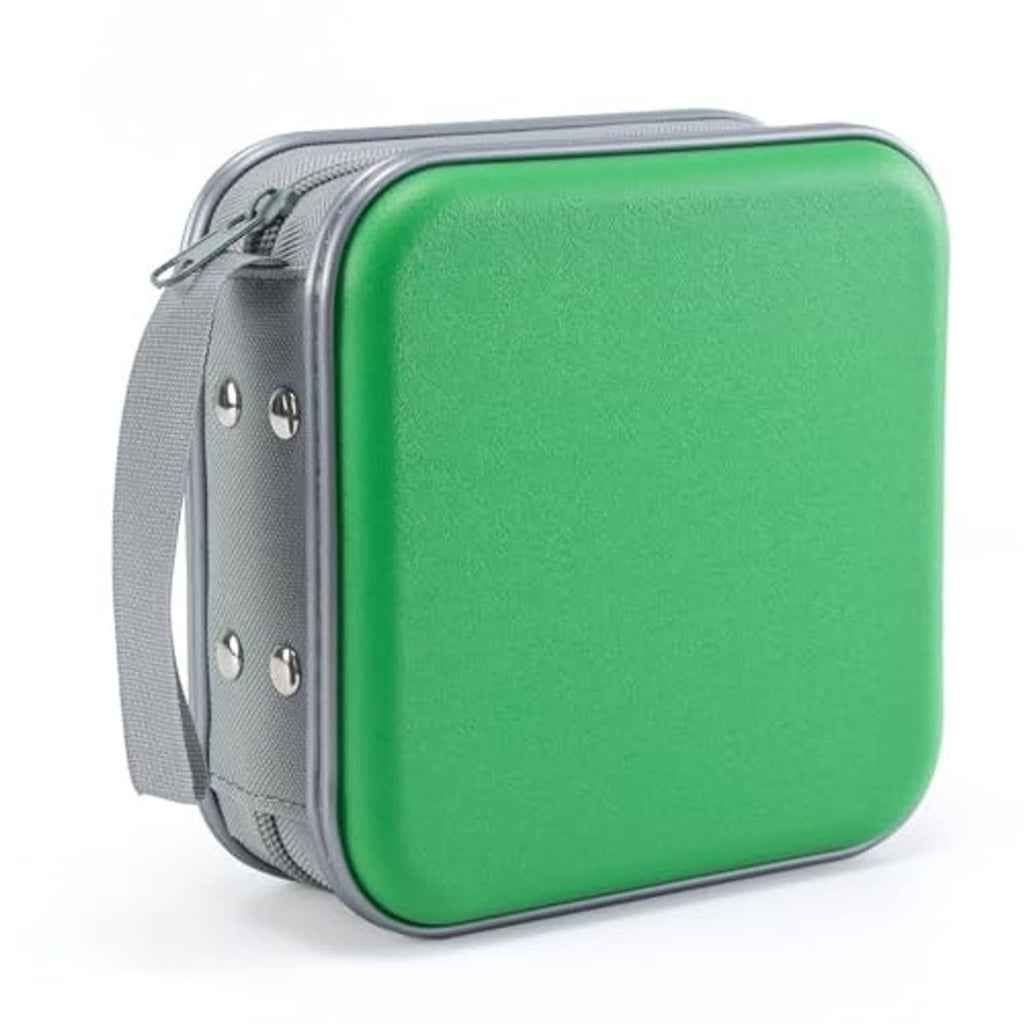 Green hard plastic DVD/CD case, side view with gray carry strap