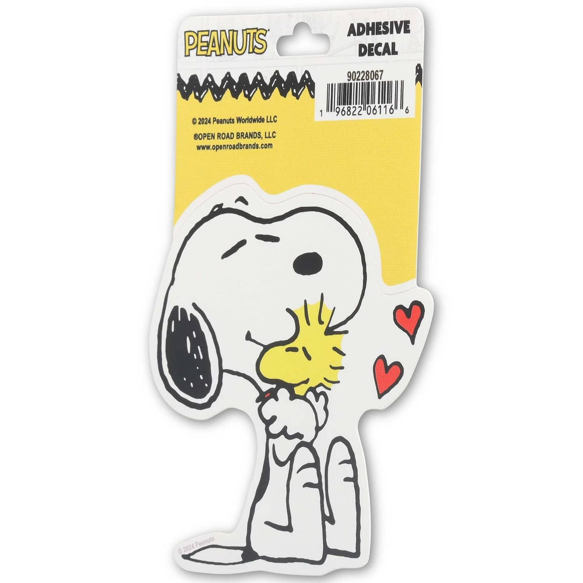 Snoopy and Woodstock hug adhesive decal, white/yellow figures with red heart accents