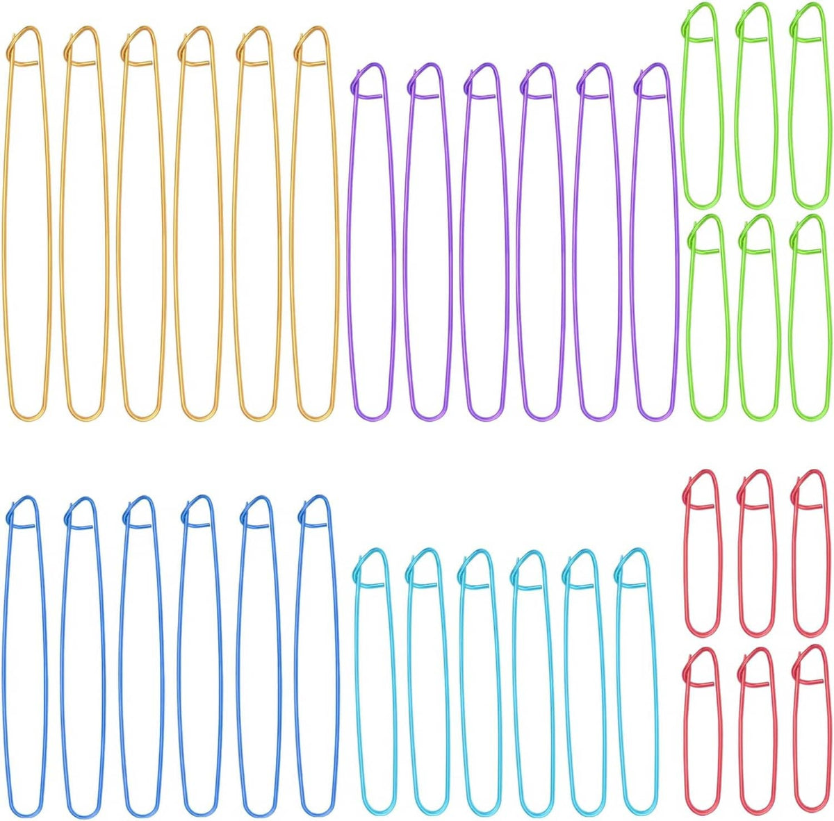 Knitting stitch marker set of colorful U-shaped holders, stacked in rows