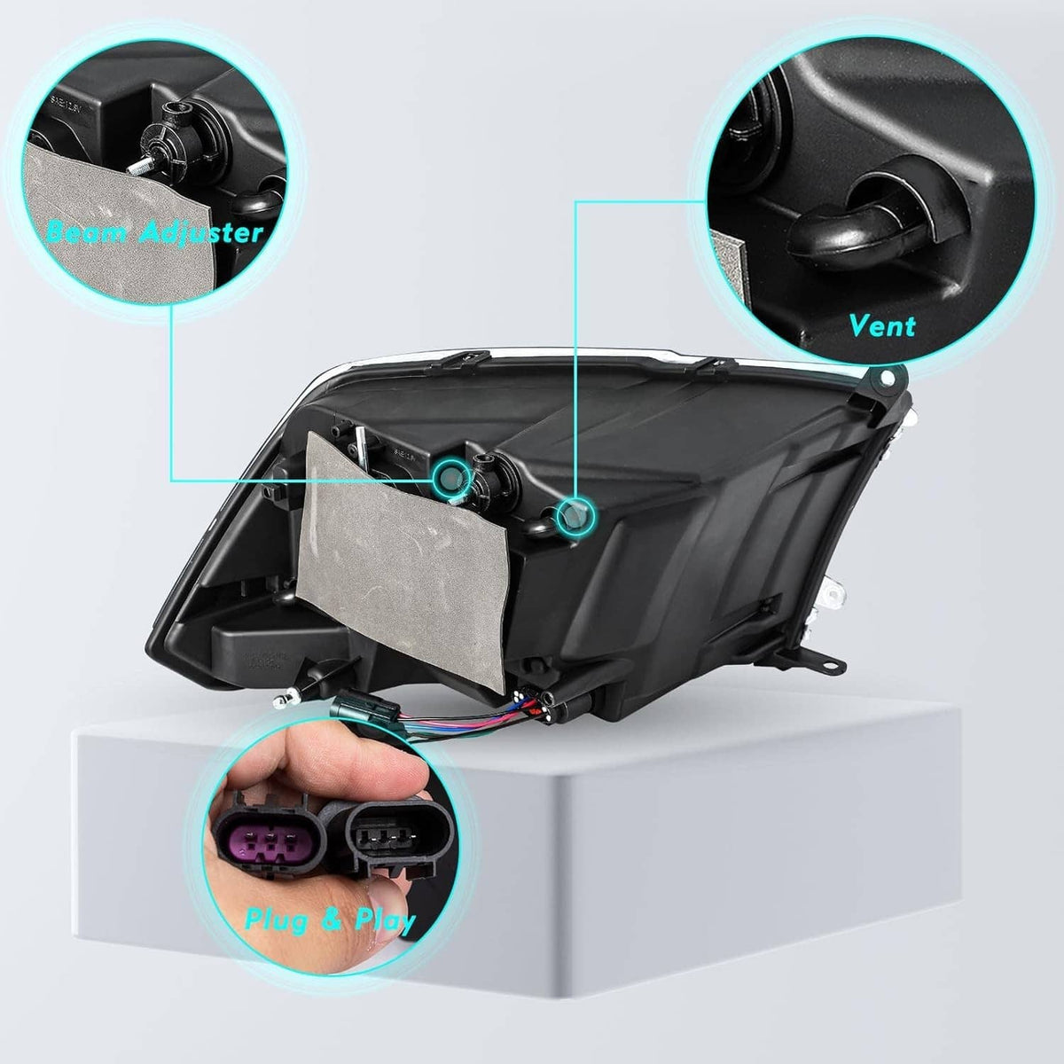 Chrome LED projector headlight assembly with wiring connectors and adjustment controls