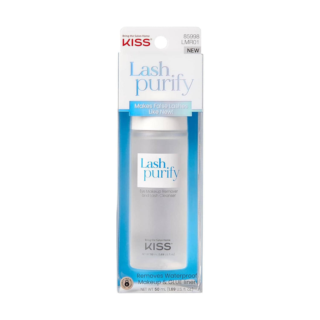KISS Lash purify blister pack showing clear cleanser bottle and blue solution tray