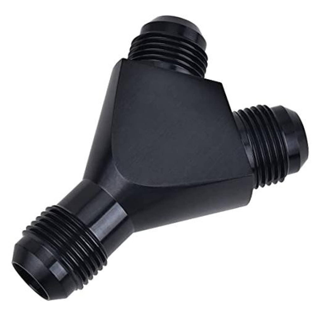 Black AN adapter union splitter with Y shape and male threads on ends