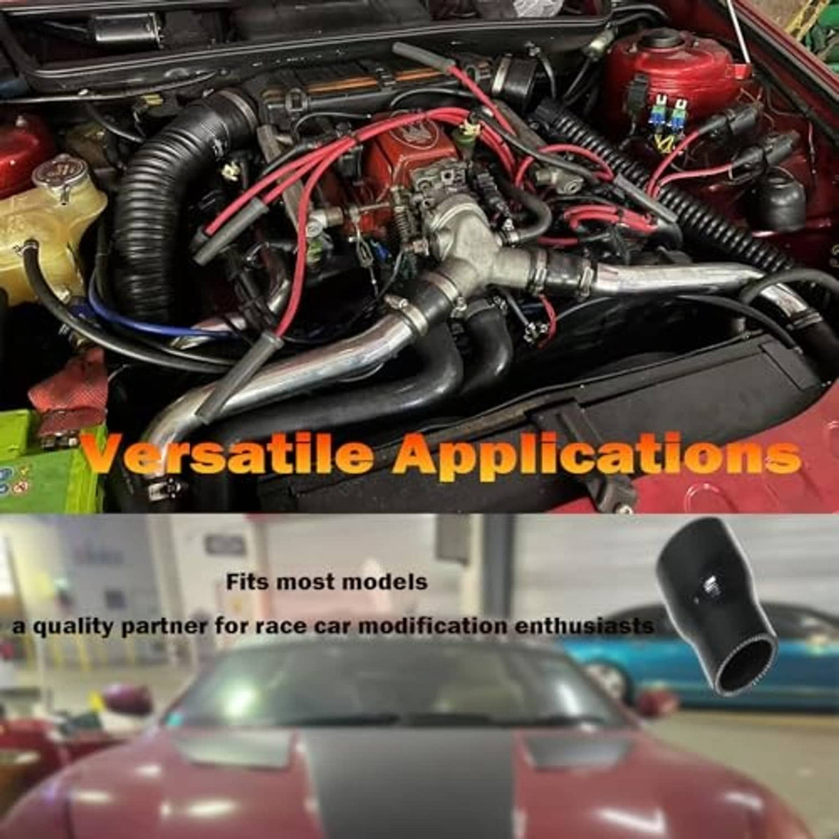 Black silicone straight reducer hose in engine compartment, connected to tubing.