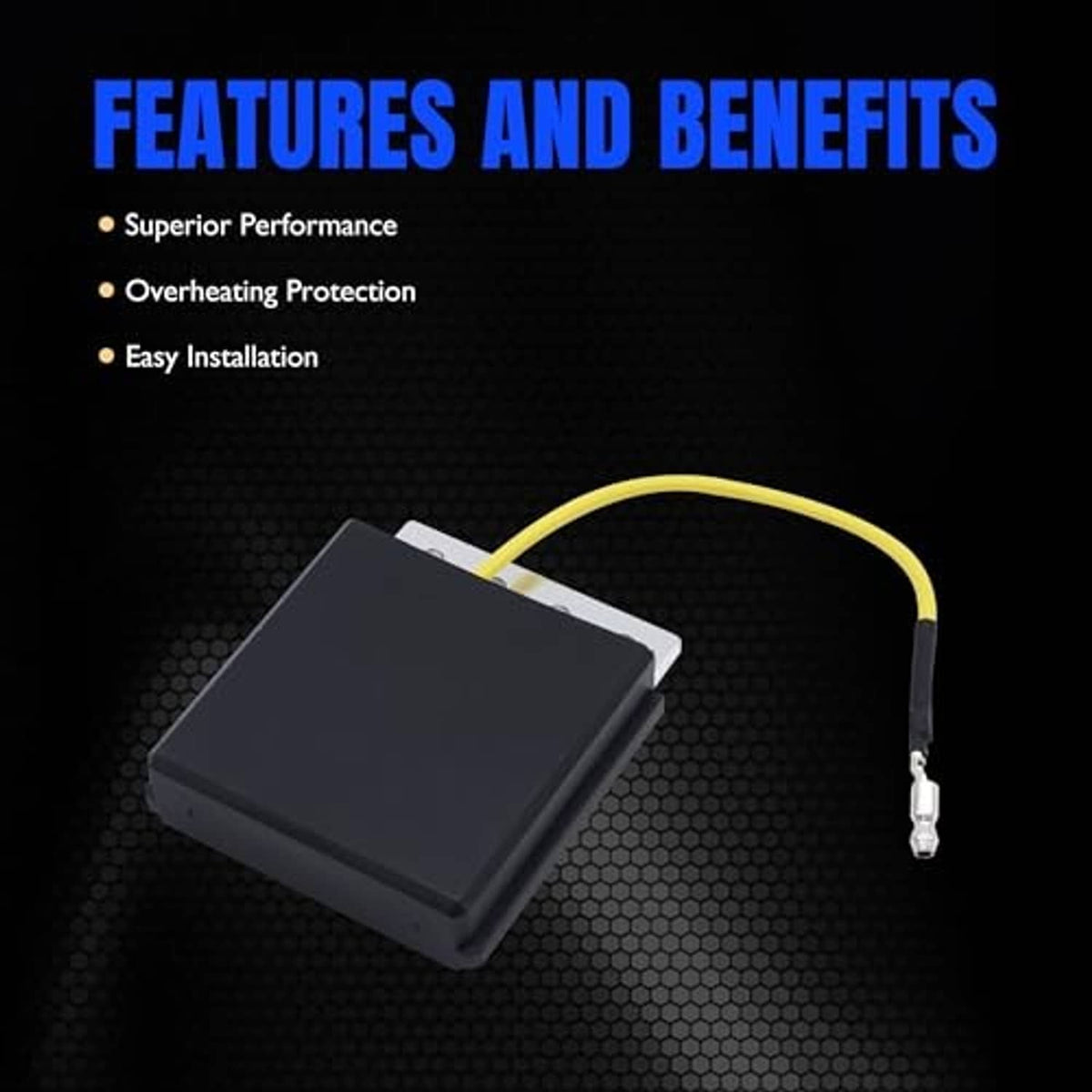 Black voltage regulator rectifier with yellow wire loop and exposed connector