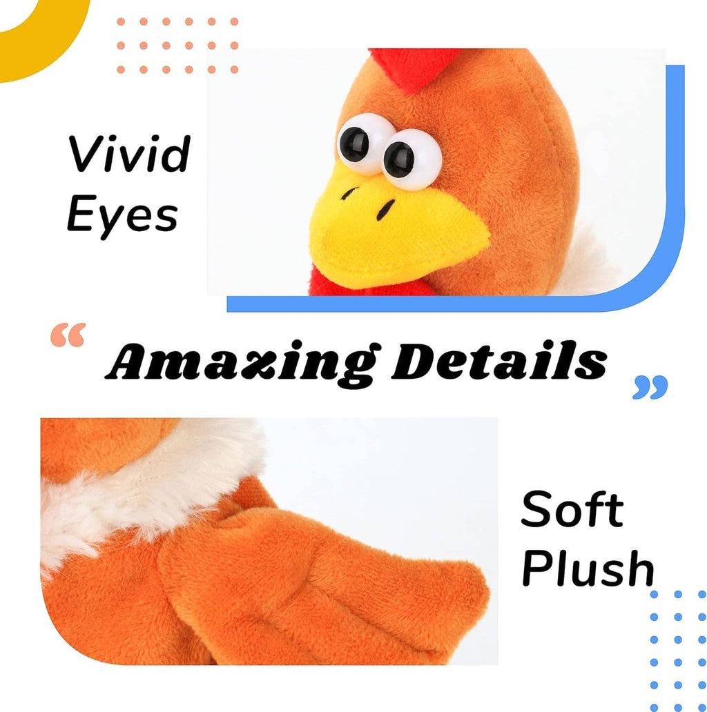Orange talking chicken plush head close-up with vivid black-and-white eyes and red comb