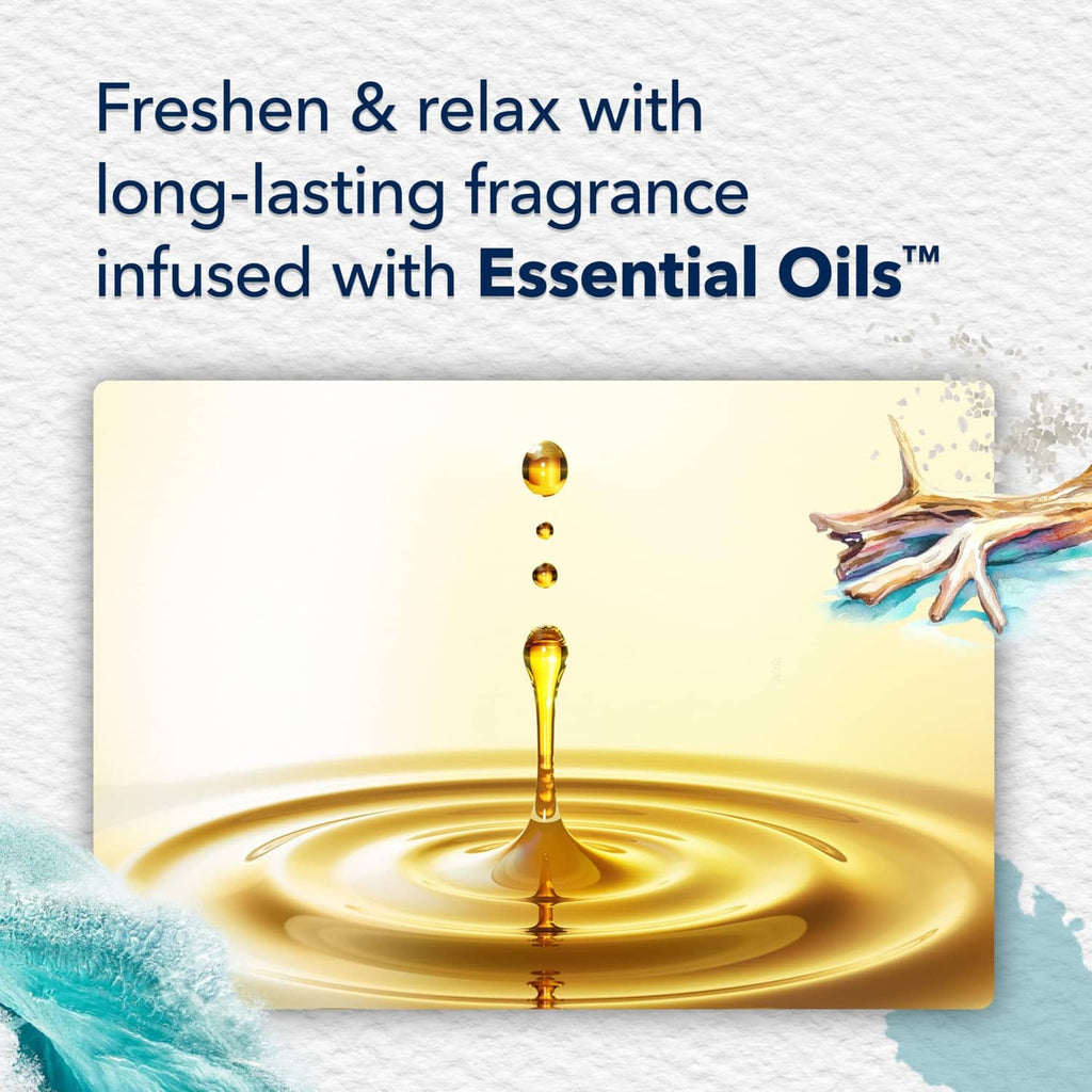 Sky & Sea Salt refill scent card with essential oil drops and golden fragrance swirl