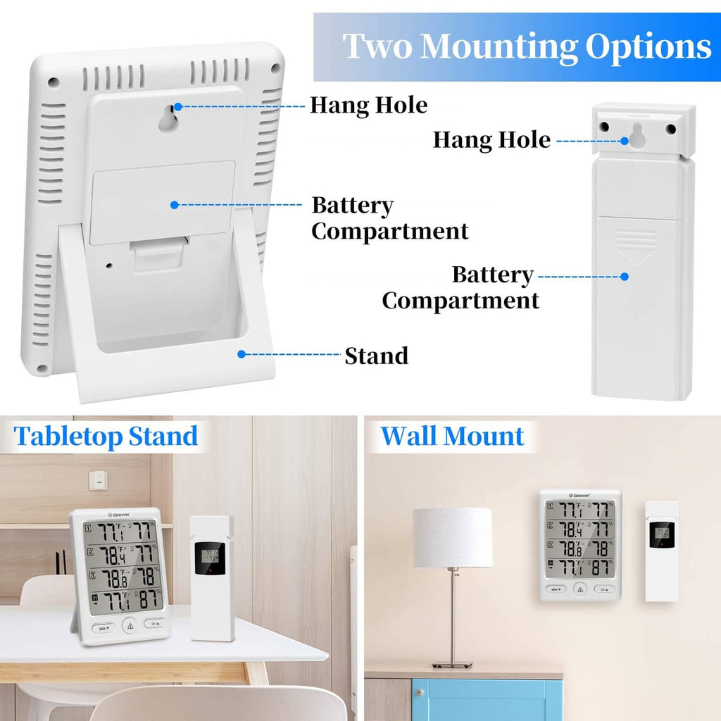 Wireless thermometer back view showing hang hole, battery compartment, and tabletop wall mount