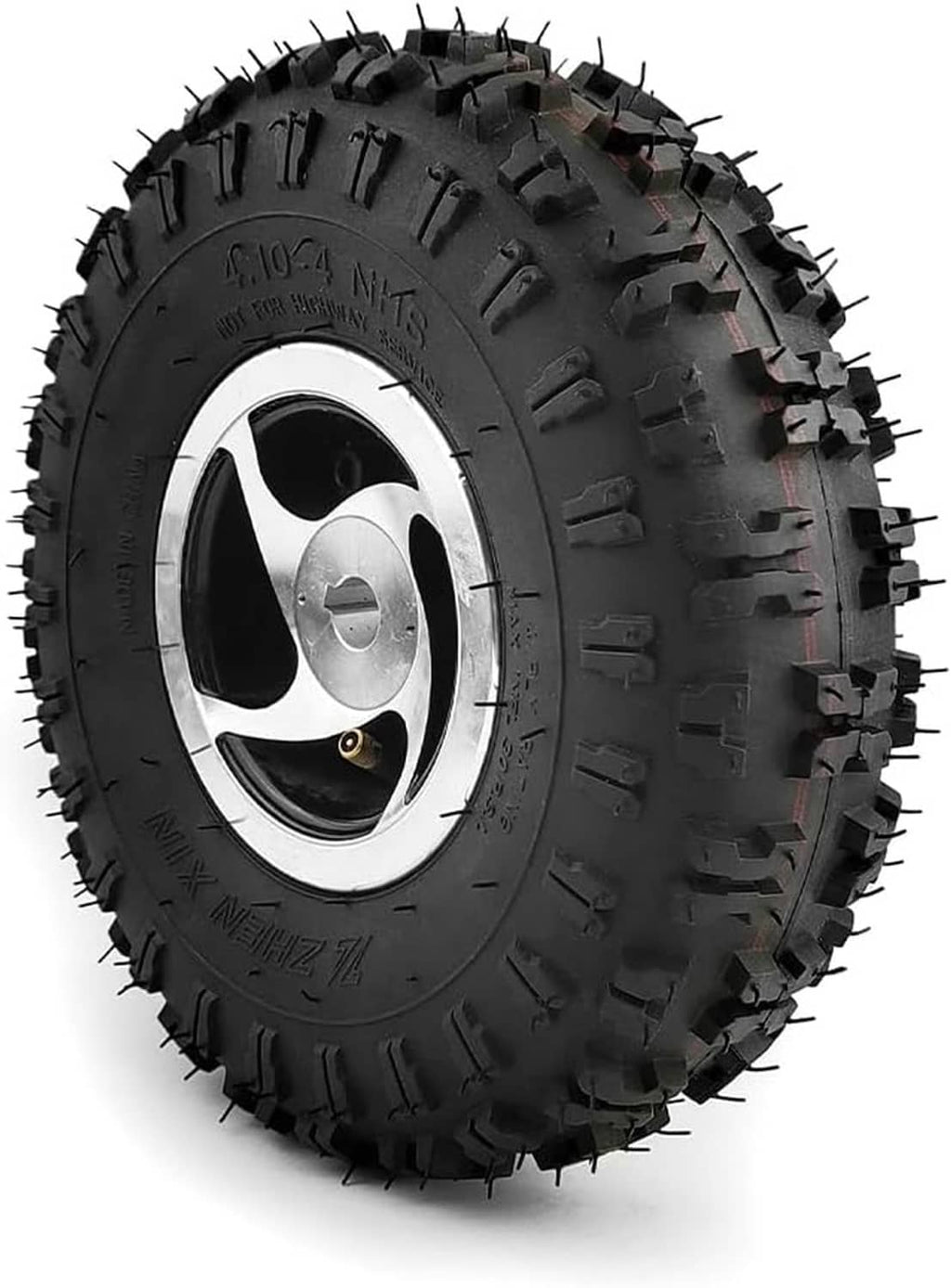 10-inch pneumatic off-road tire with black tread, silver rim, and hub center