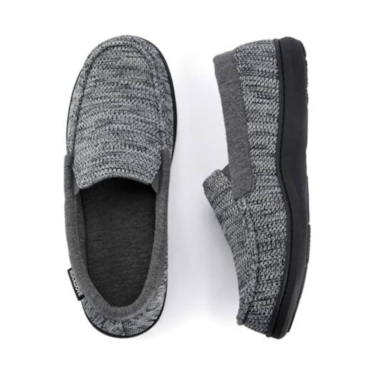 Men's tweed moc slippers in light gray with open back and dark cushioned lining