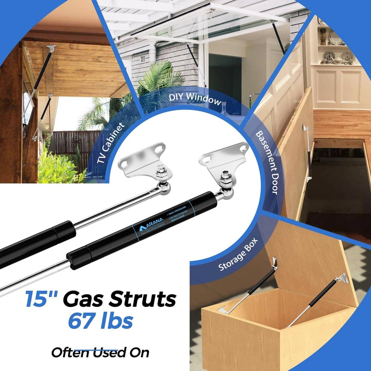 Two 15-inch gas struts with black cylinders and silver rods for lifting panels