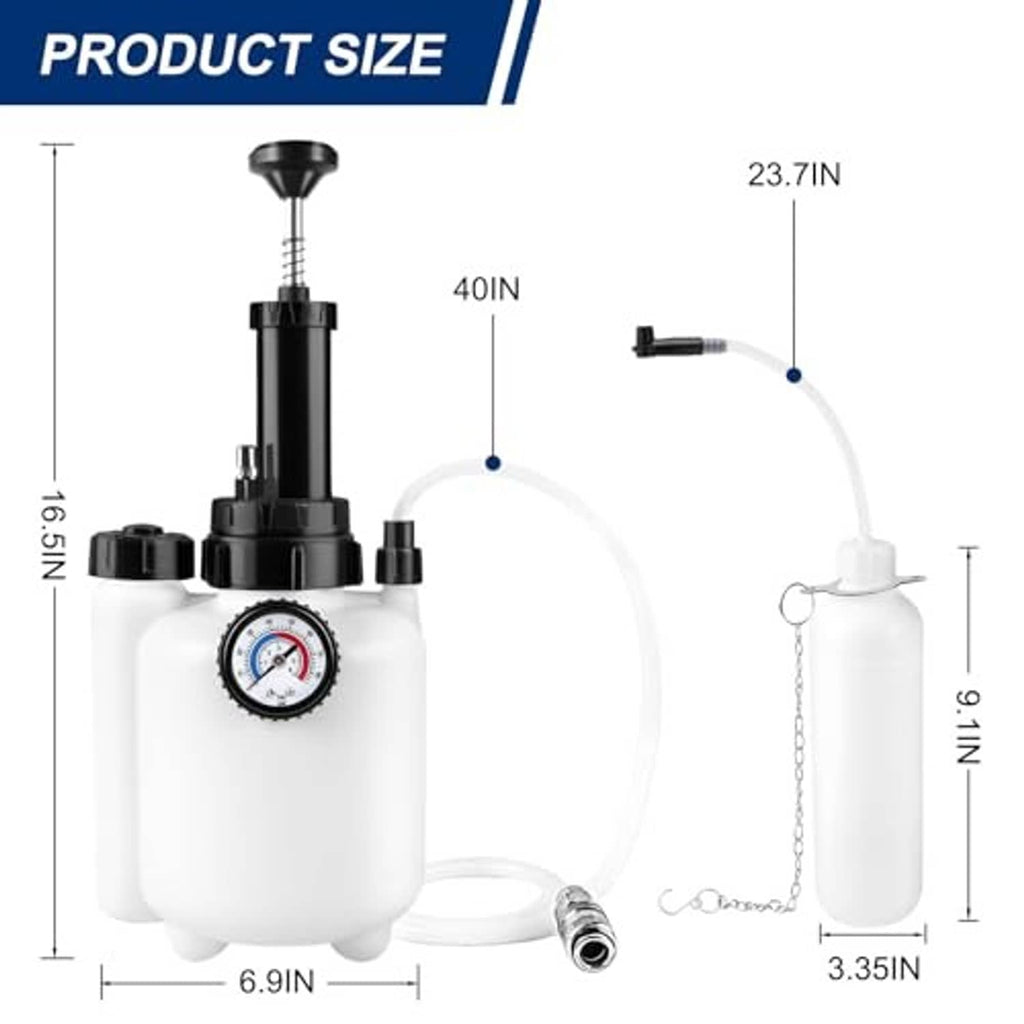 Brake bleeder kit with white pressure tank, gauge, and 1L waste catch bottle with hose