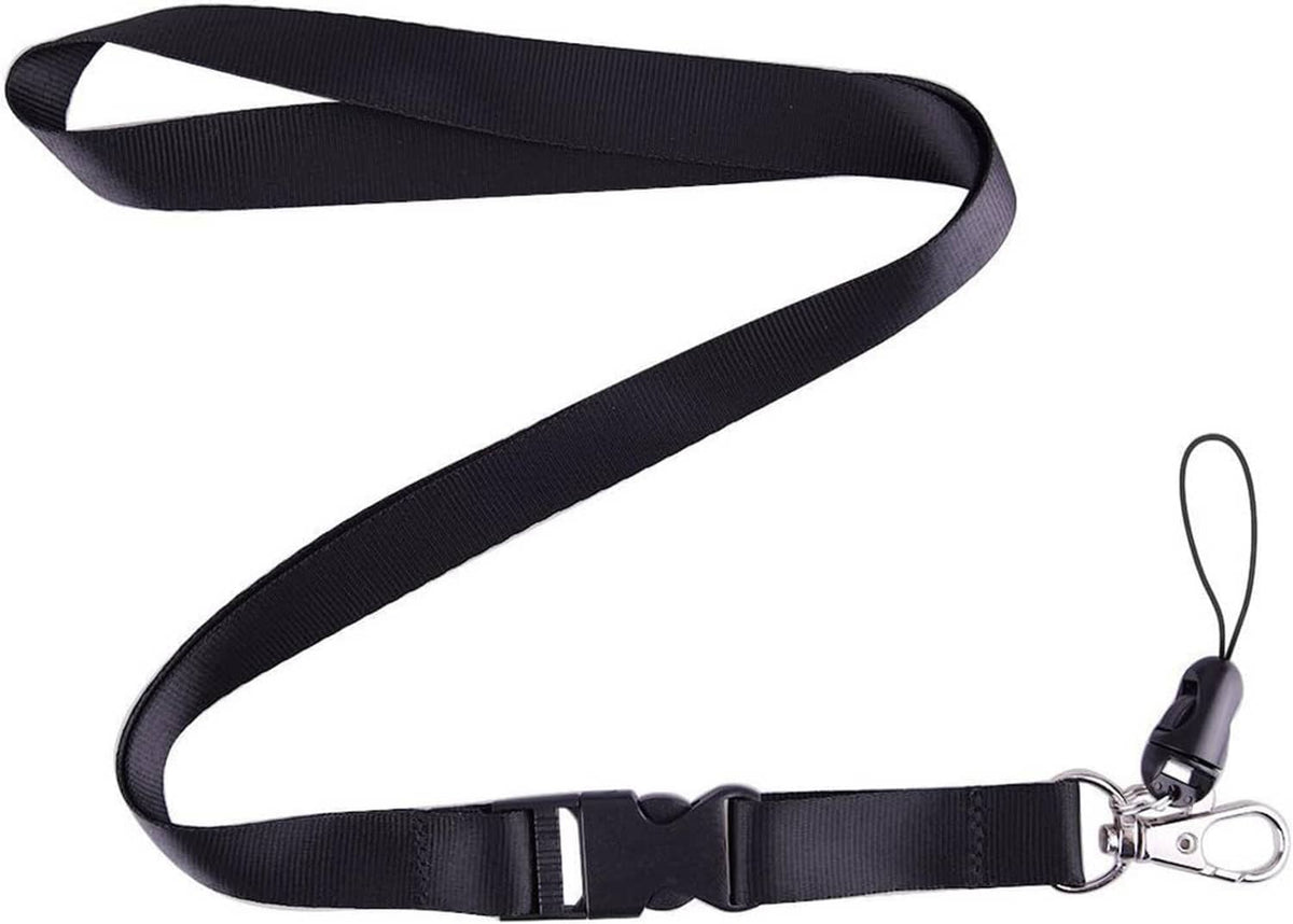 Black webbing lanyard with metal clip buckle and keyring attachment