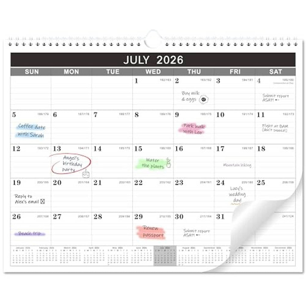Large July 2026 wall calendar page with dates grid and small holiday-style icons