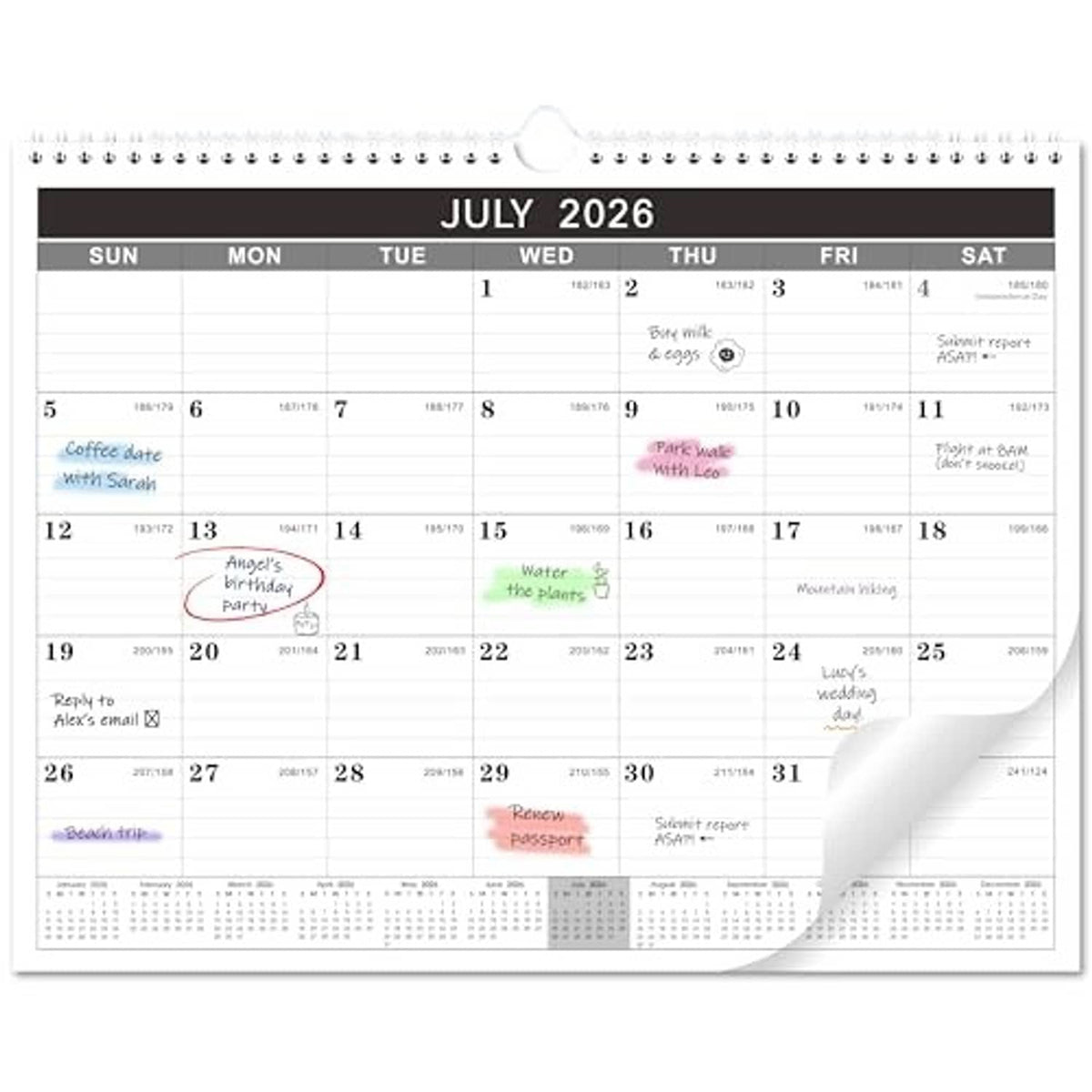 Large July 2026 wall calendar page with dates grid and small holiday-style icons