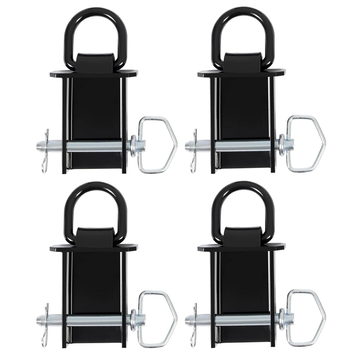 Set of 4 removable trailer stake pocket D-ring tie downs, black with silver hardware