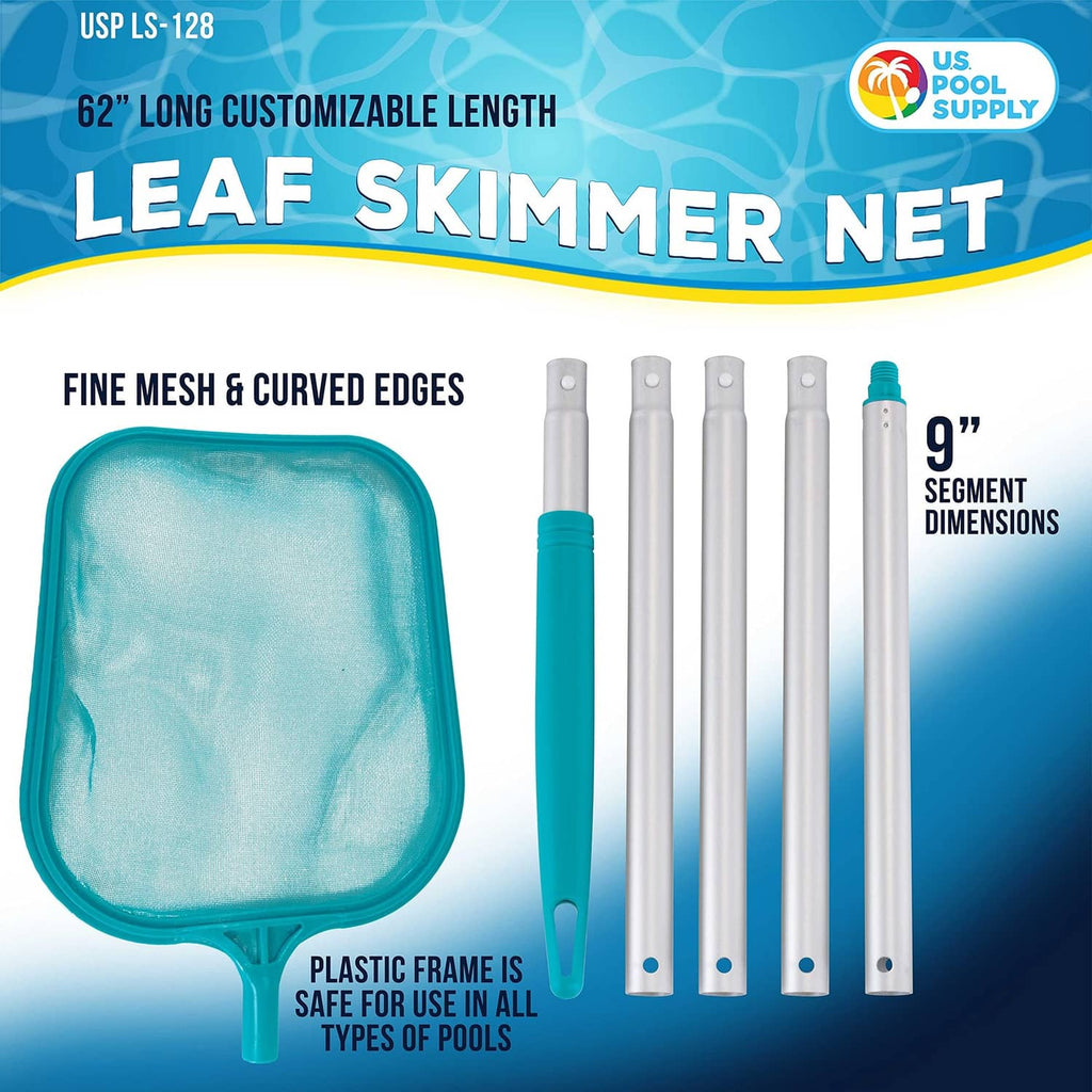 Teal leaf skimmer net with fine mesh and curved edges with segmented pole
