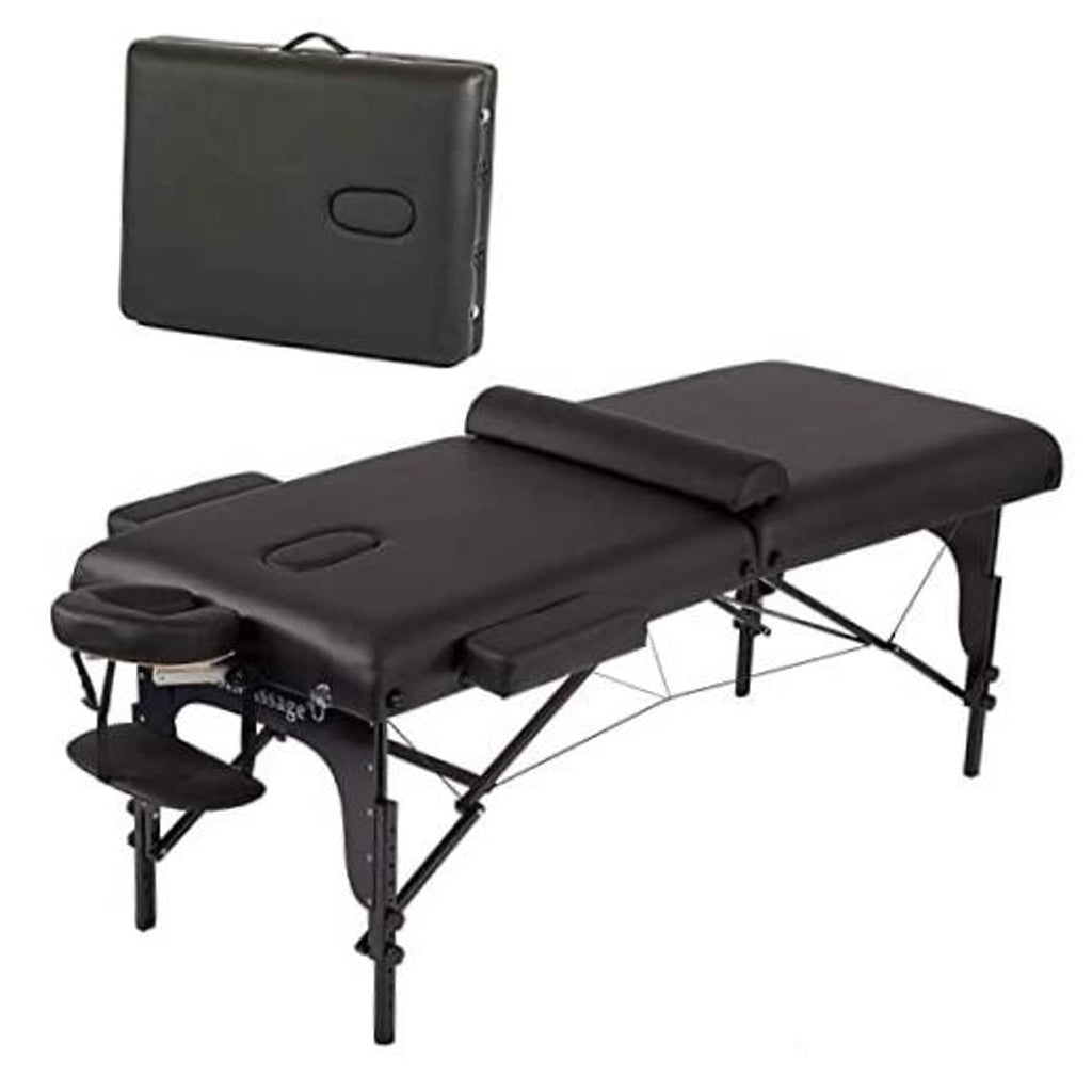 Black portable massage table with padded headrest and side armrest, foldable stand
