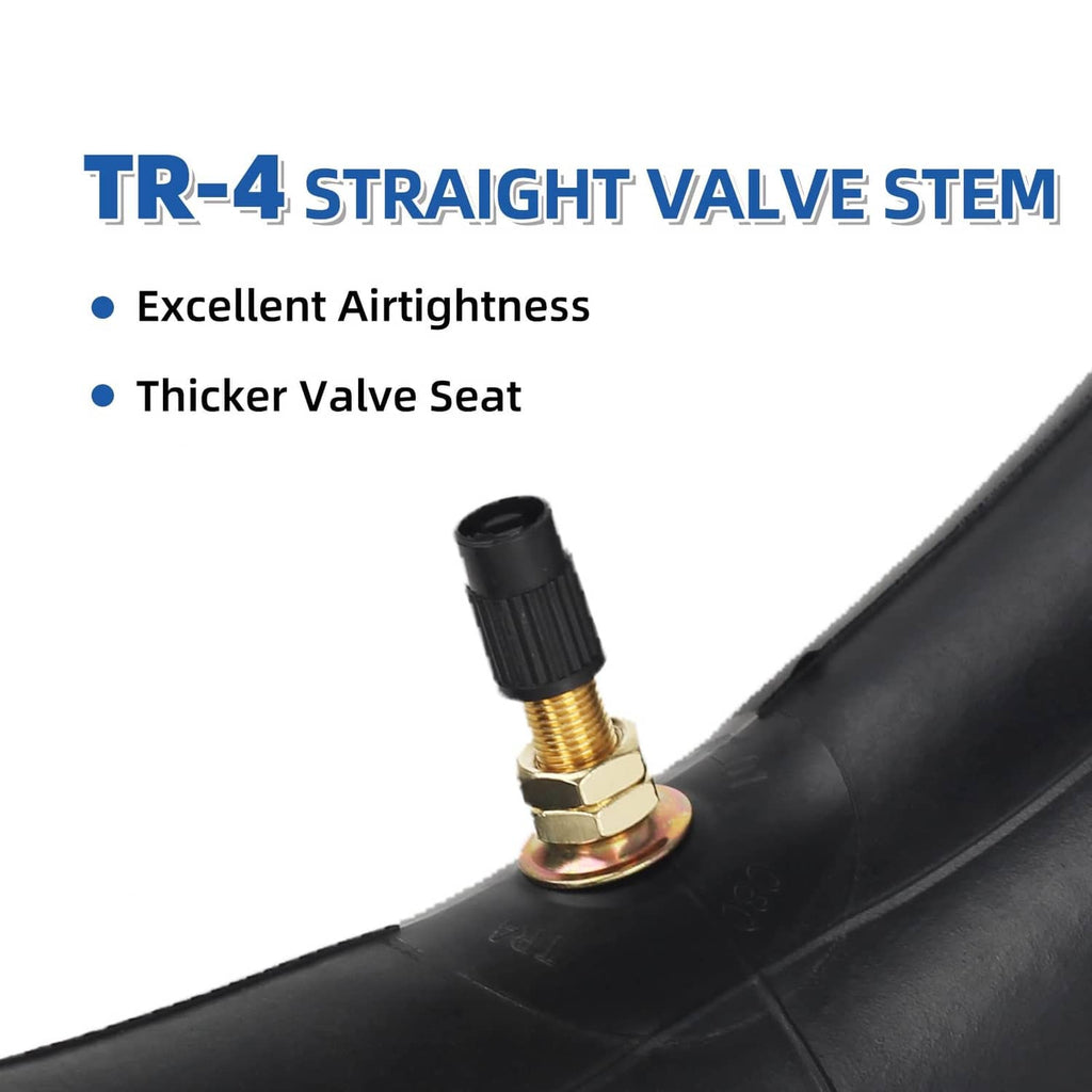 TR-4 straight valve stem inner tube detail with brass valve base and black cap