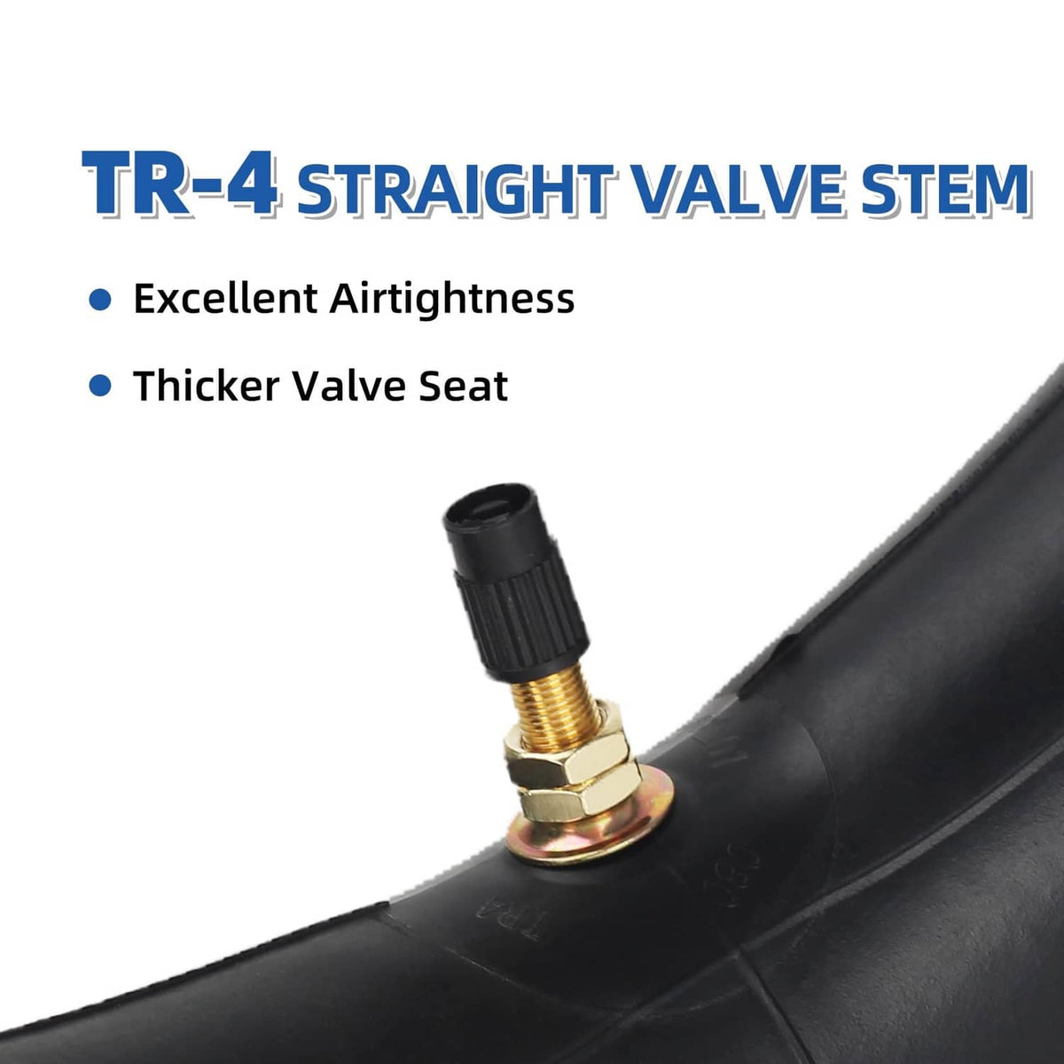 TR-4 straight valve stem inner tube detail with brass valve base and black cap