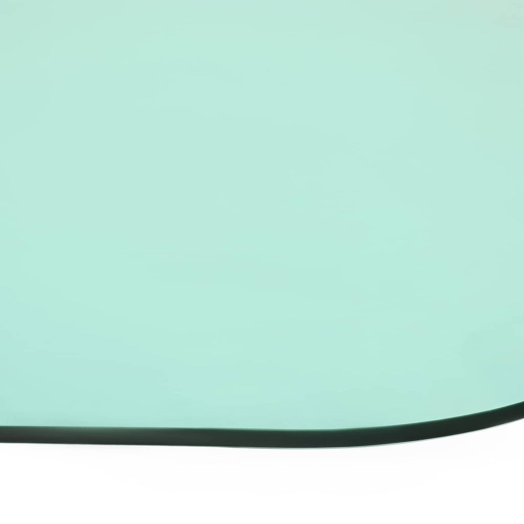 Green-tinted cab door glass panel with curved edge and black rubber seal