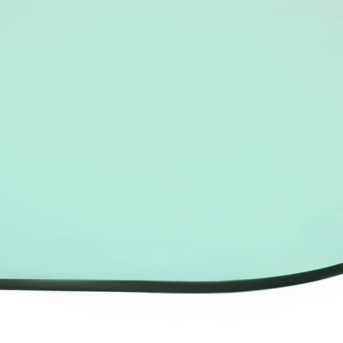Green-tinted cab door glass panel with curved edge and black rubber seal